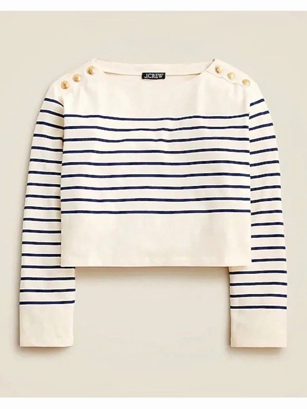J. Crew Cropped Boatneck T-shirt Buttons Mariner Cotton Ivory Navy Blue Sz. L